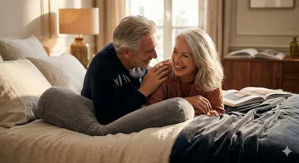 Un couple de seniors complices et souriants partageant un moment de tendresse sur un lit élégant avec des coussins en velours gris, illustrant l'épanouissement sexuel senior.