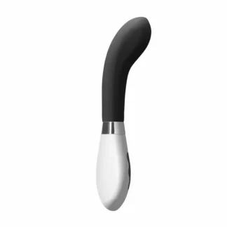 Vue de profil du vibromasseur point G ergonomique Le Sceptre d'Hélios, avec sa tige incurvée noire et sa base blanche élégante.