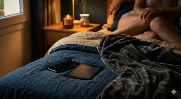Un couple assis sur un lit dans une ambiance tamisée, avec un smartphone et une tablette posés sur les draps, illustrant la consommation de contenus érotiques numériques dans l'intimité.