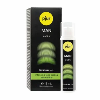 Flacon noir de sérum de plaisir masculin Souffle des Dunes par Pjur, effet picotement.