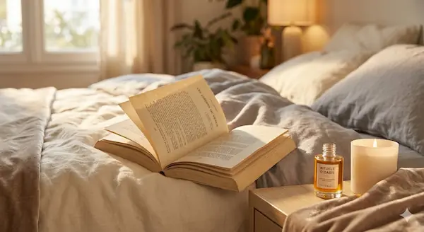 Un livre ouvert posé sur des draps en lin froissés, accompagné d'un flacon d'huile Rituels d'Oasis et d'une bougie, illustrant les bienfaits de la lecture érotique.